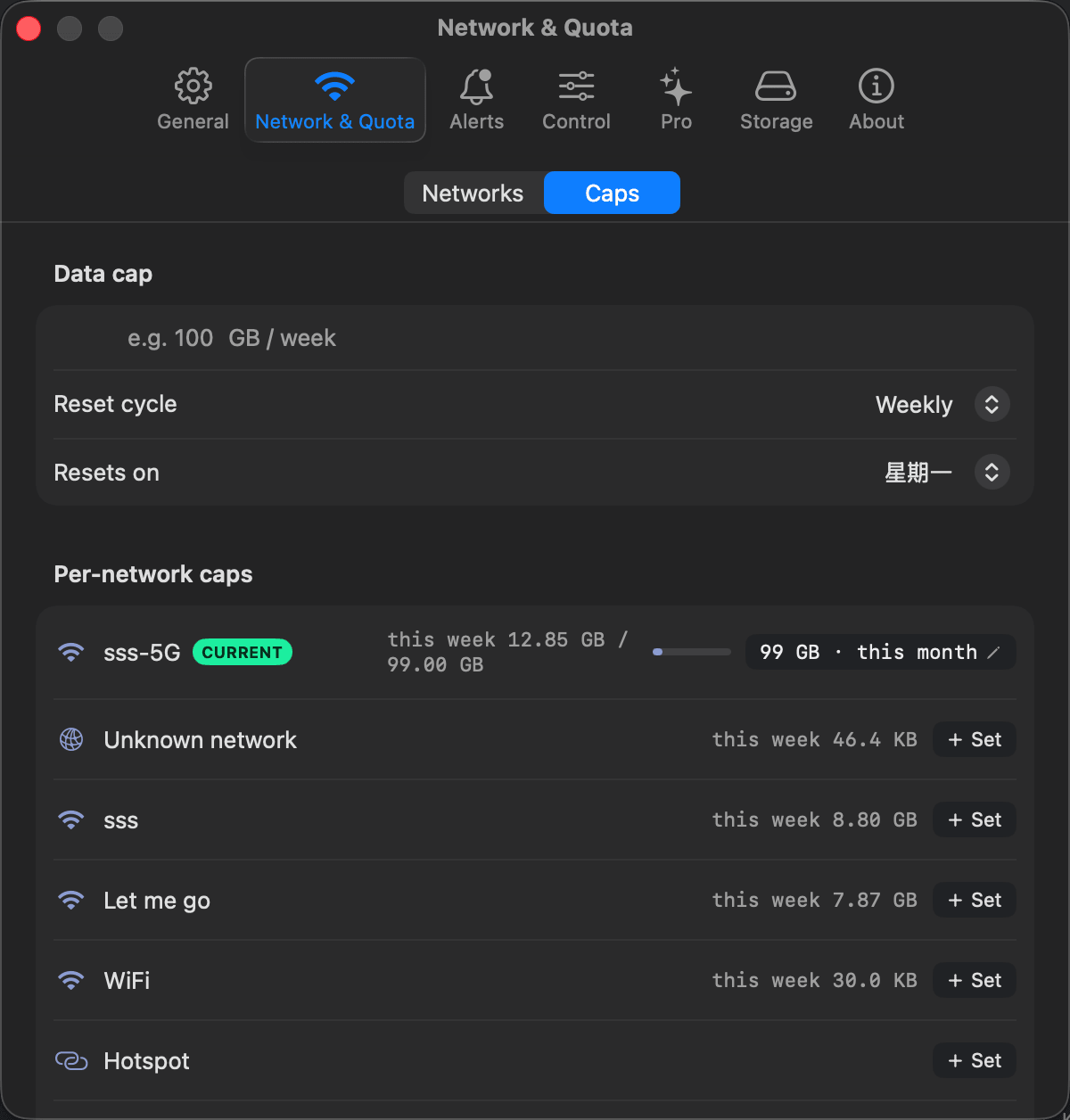 Bytetally Network & Quota settings: a weekly data cap plus independent caps per Wi-Fi network