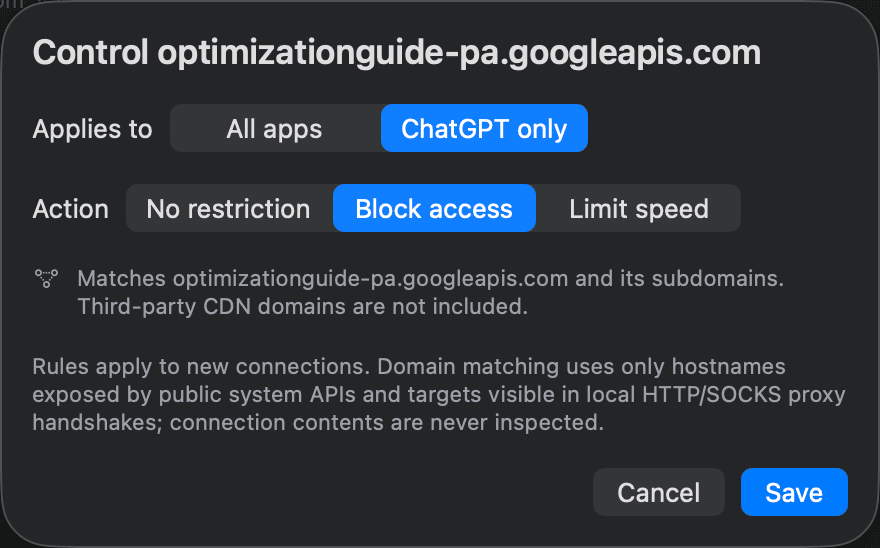 Bytetally rule sheet: block or limit one website, scoped to a single app