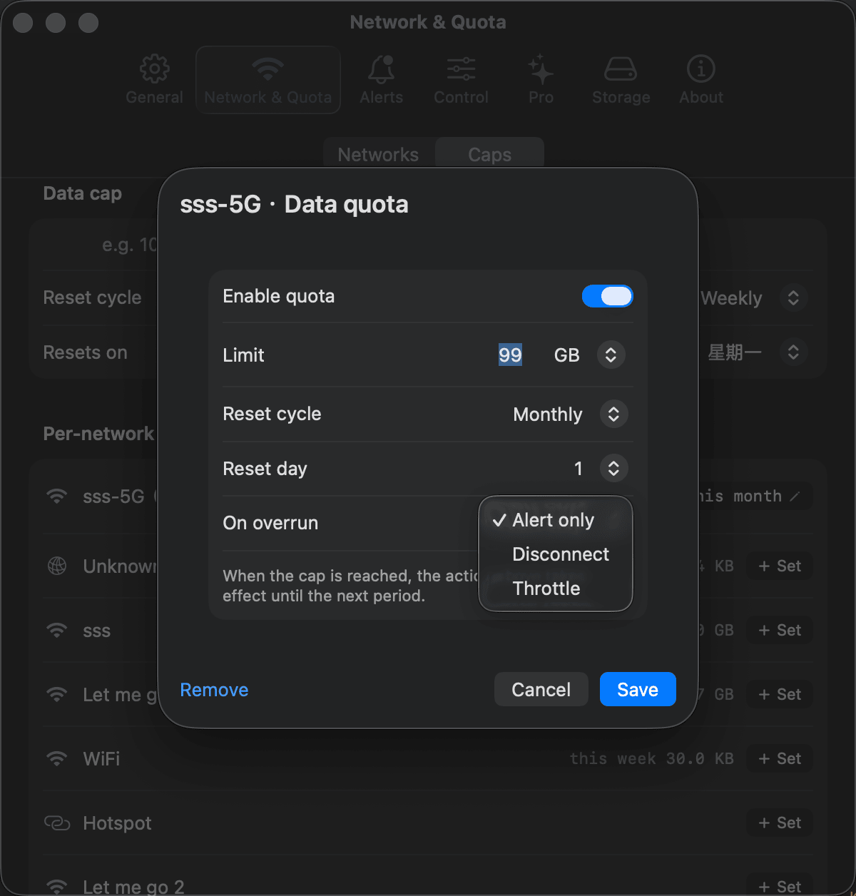 Bytetally per-app quota with auto disconnect or throttle on overrun